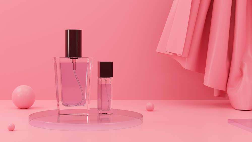 Pink Perfume Bottle Mockup Pink Background With Pink Curtains Cosmetic Ads Template 3d Render