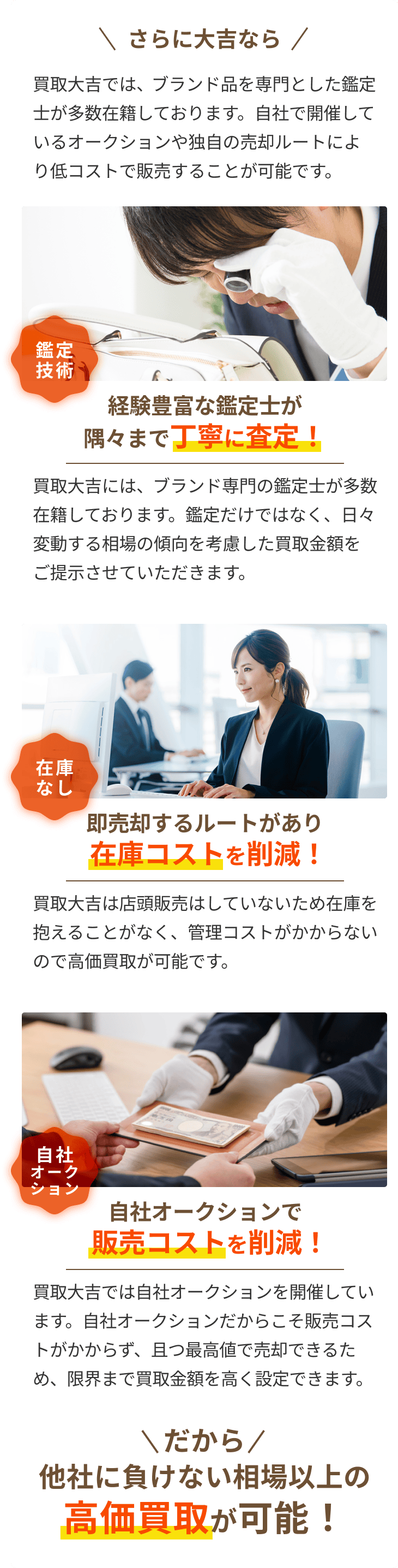 さらに大吉なら 経験豊富な鑑定士が隅々まで丁寧に査定！ 即売却するルートがあり在庫コストを削減！ 自社オークションで販売コスト削減！ だから他社に負けない相場以上の高価買取が可能！