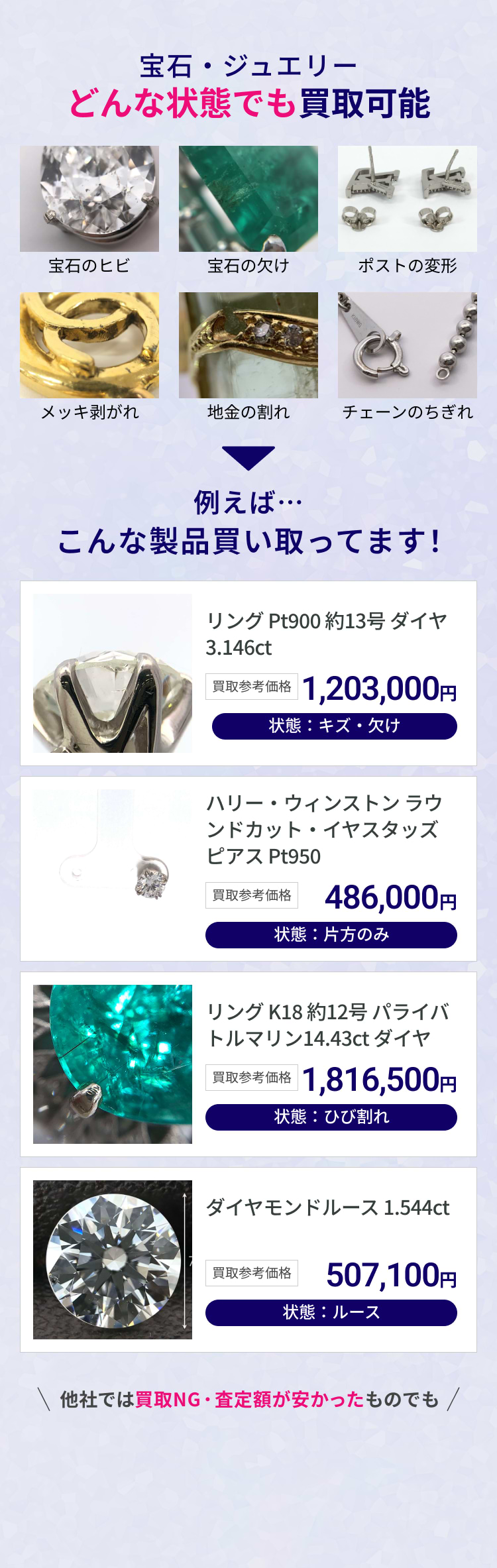宝石・ジュエリーどんな状態でも買取可能