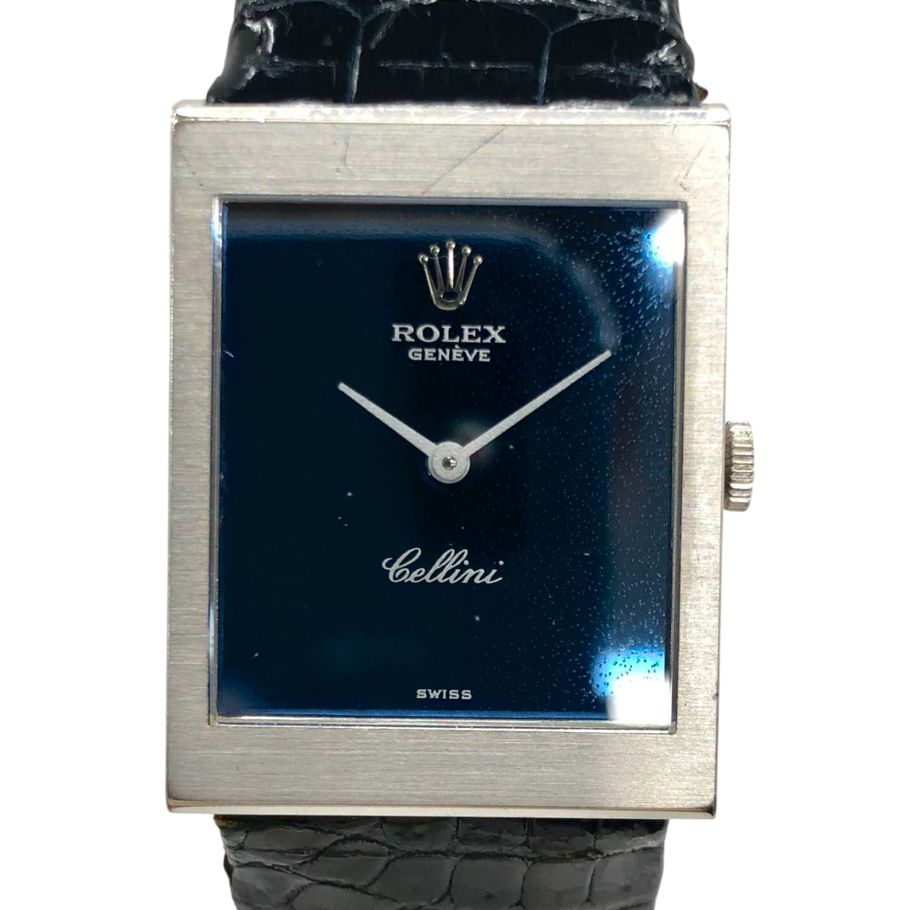 チェリーニ レクタングル 4014 手巻き 750WG×革/SS ブルー