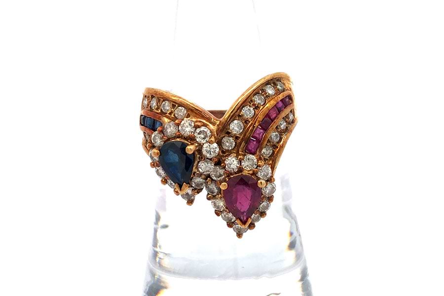 リング K18 約10.5号 ダイヤ0.92ct 青色石0.56ct 赤色石0.52ct ダイヤ0.33ct