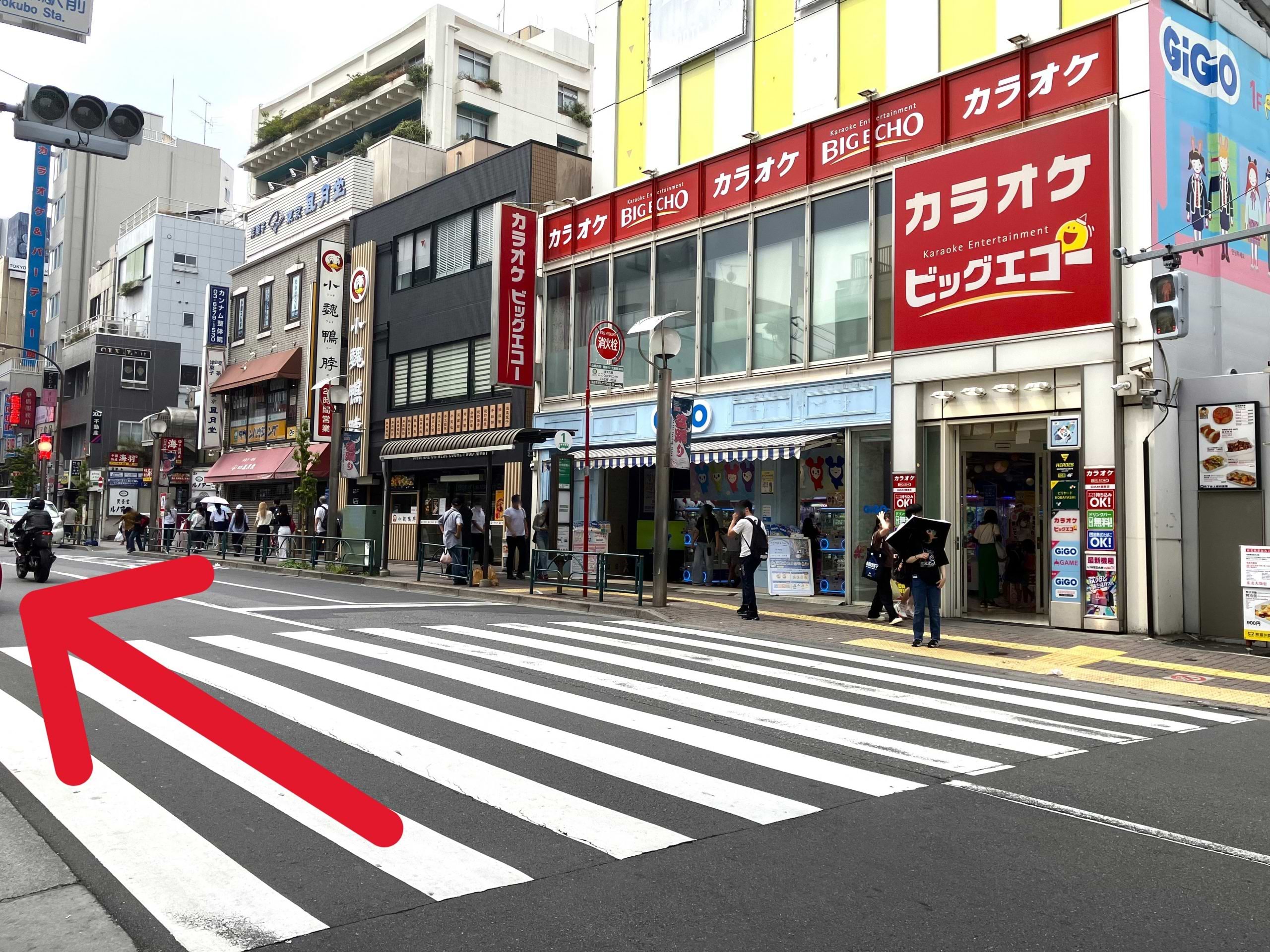 道路反対側のカラオケ ビッグエコー新大久保駅前店を右手に通過します
