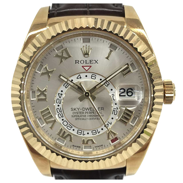 ロレックススカイドゥエラー 326138 自動巻き 750YG 革 シルバーローマン