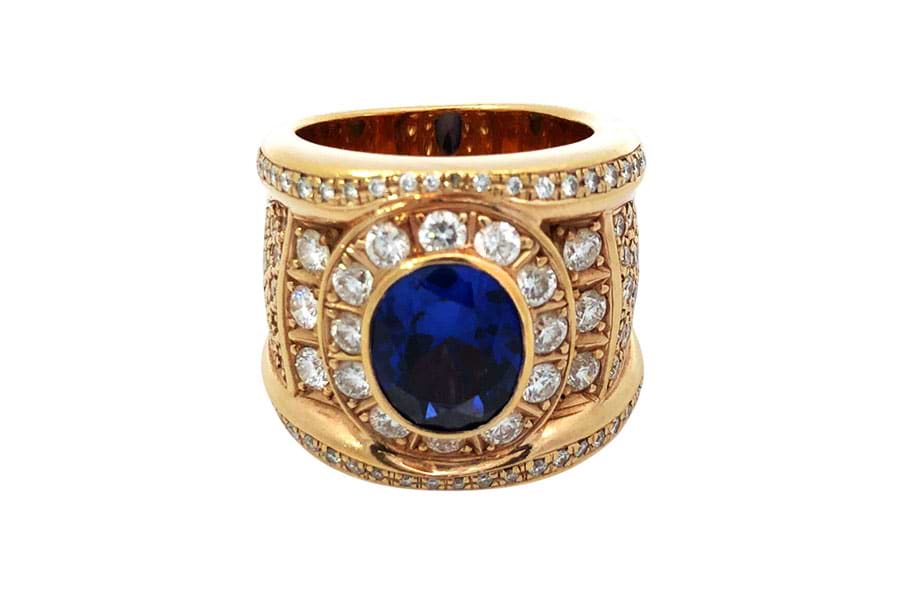 K18×合成サファイア×ダイヤモンドリング 合成S枠込約13.1x10.9mm MD3.02ct