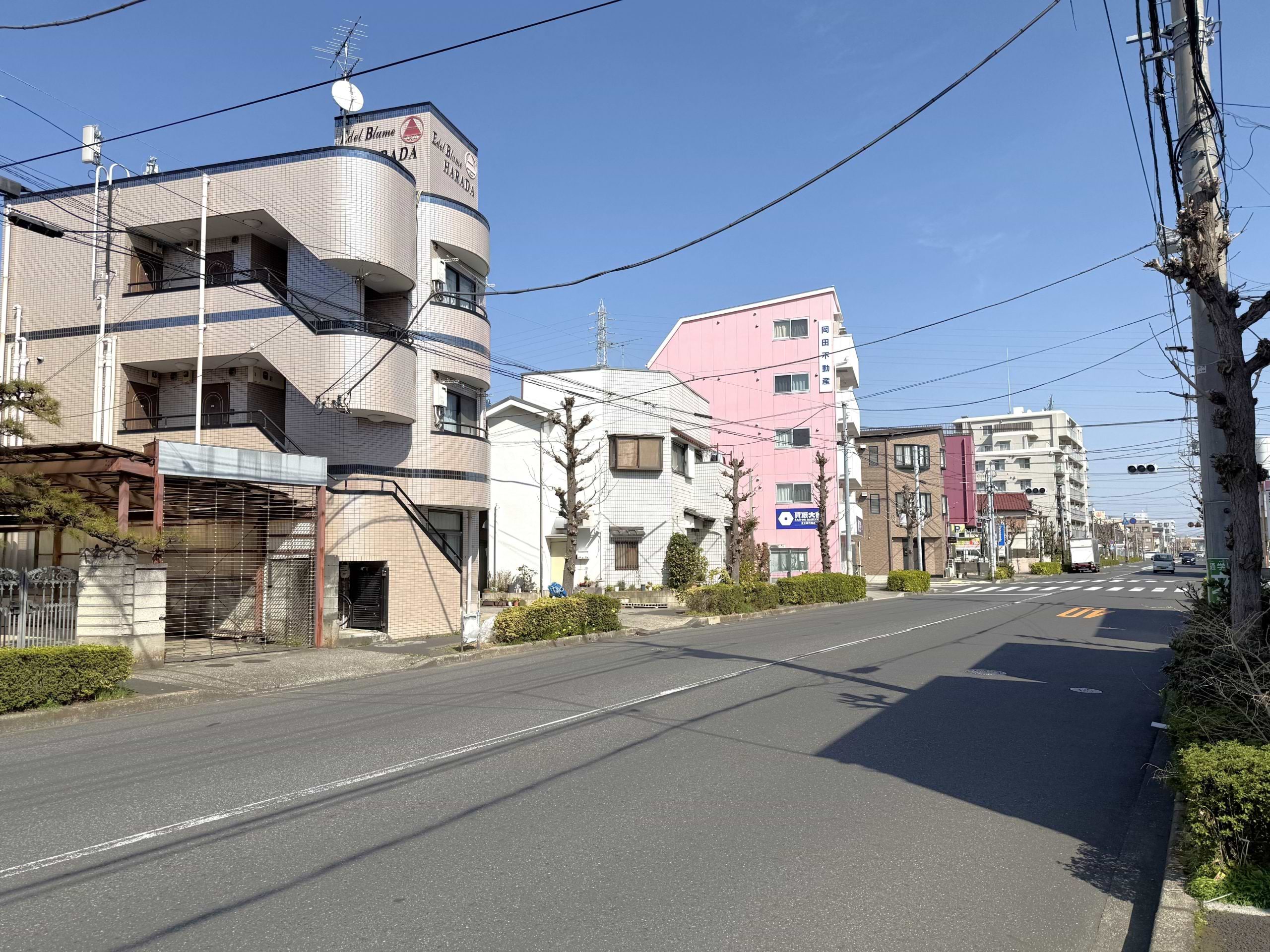 こちらのピンク色の建物1階に当店がございます。建物正面に向かって右手に入口がございます
