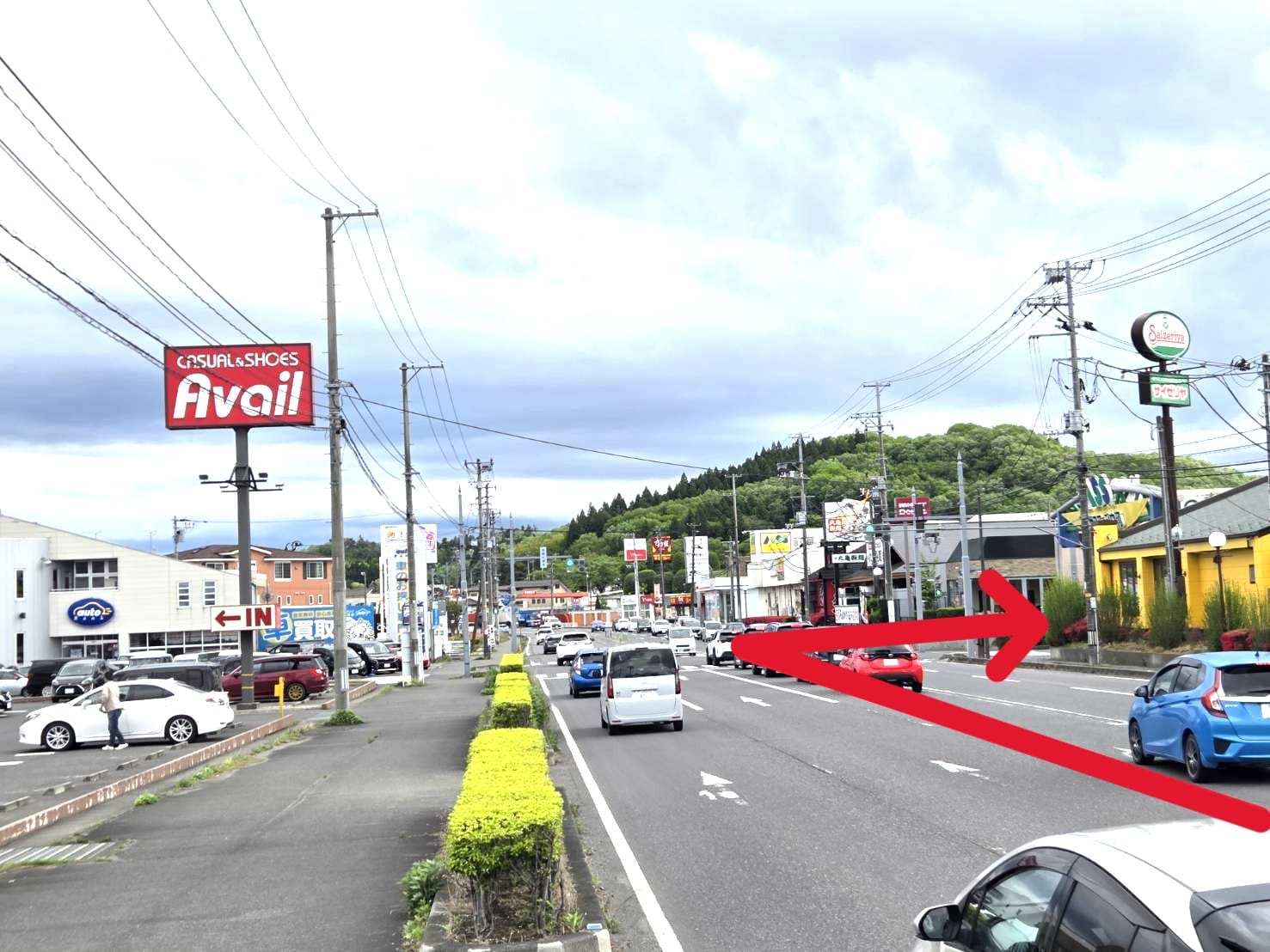左手にアベイル白河店、右手にサイゼリヤメガステージ白河店が見える交差点を左折し、メガステージ白河店に入ります
