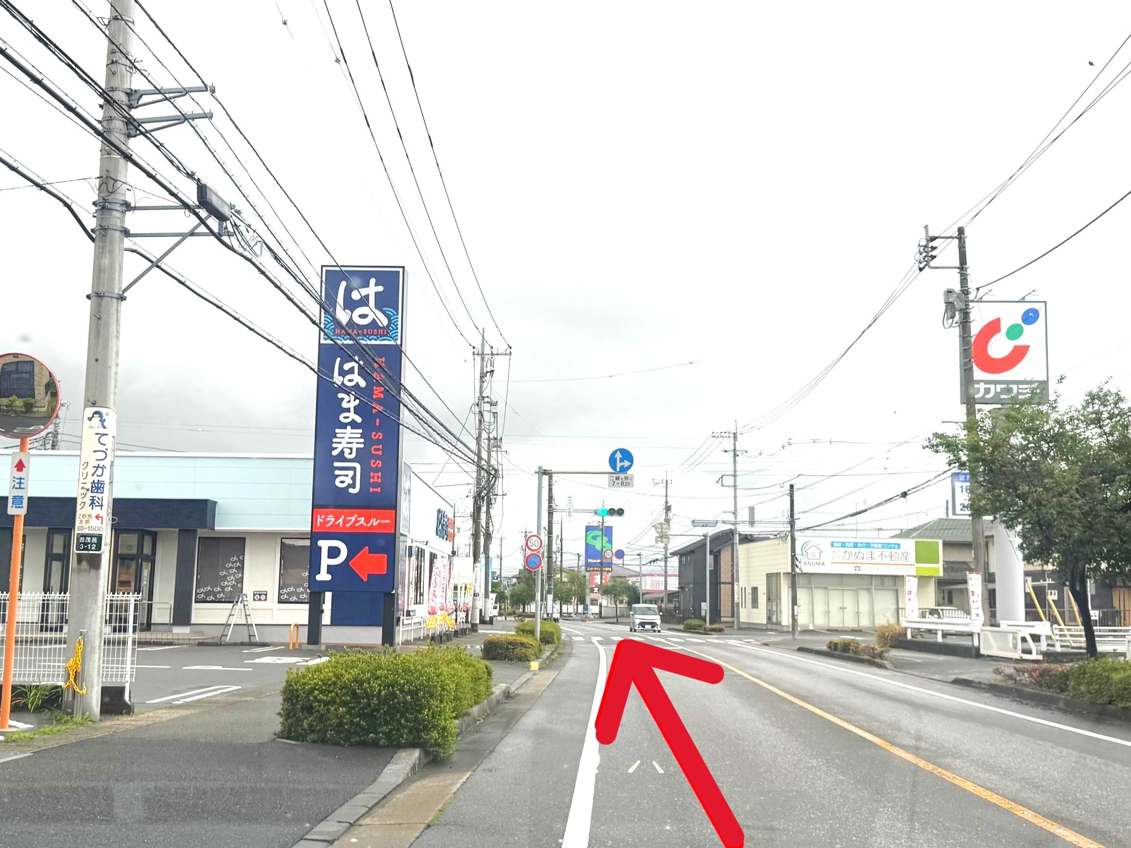 100mほど進むと左手にはま寿司 鹿沼西茂呂店さんが見えます。その隣にある青い看板が当店でございます
