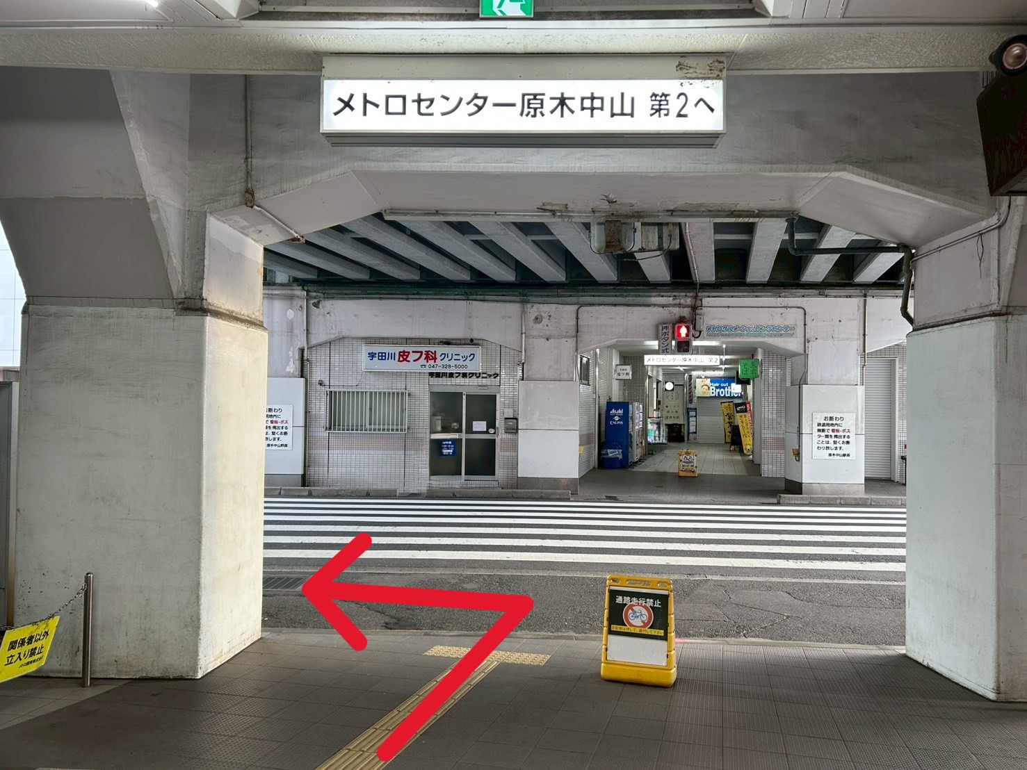 横断歩道を渡らずに、左へ曲がります