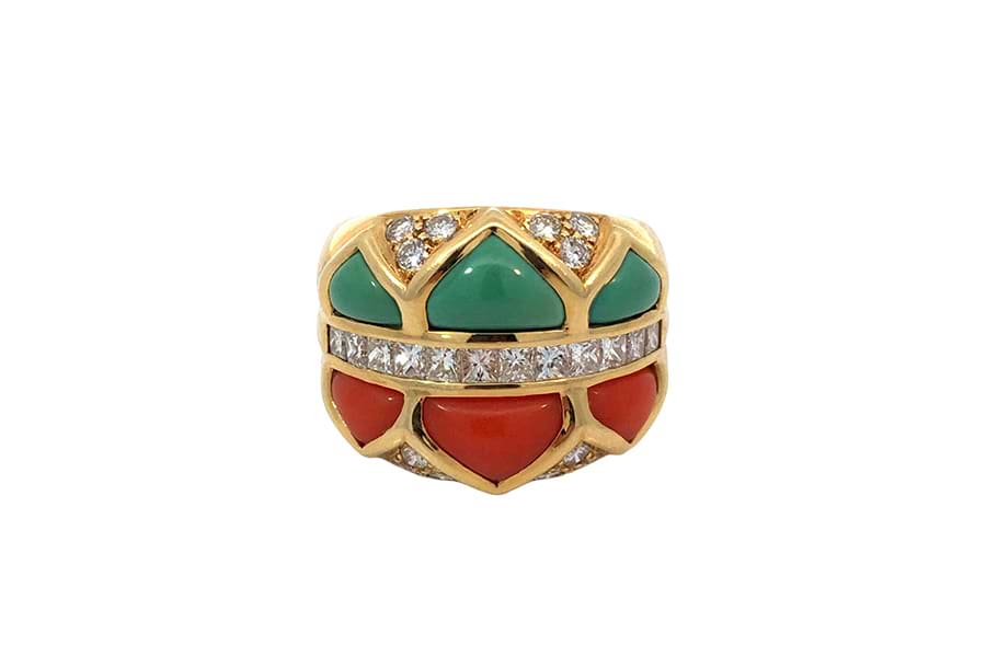 リング 750 約11.5号 ターコイズ2.23ct サンゴ2.03ct ダイヤ1.10ct