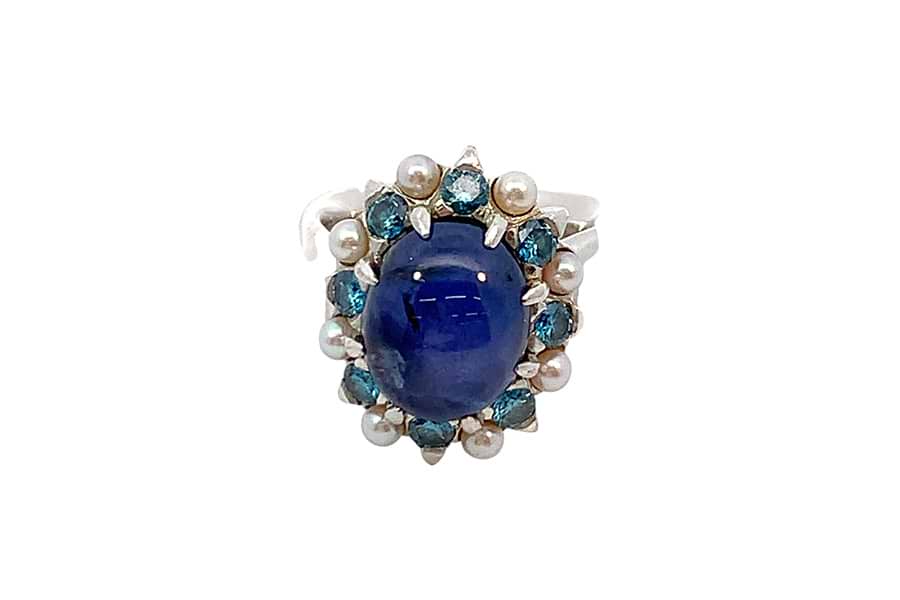 リング Pt900 約11.5号 スターサファイア8.58ct トリートダイヤ0.59ct パール直径約2.3mm