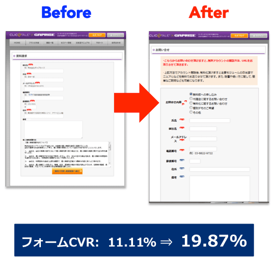 ギャプライズクリックテールサイトのEFO事例:フォームCRV 11.11%→19.87%