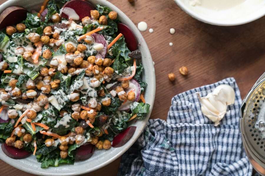 Roasted Chickpea Kale Salad with a Creamy Dressing thumbnail