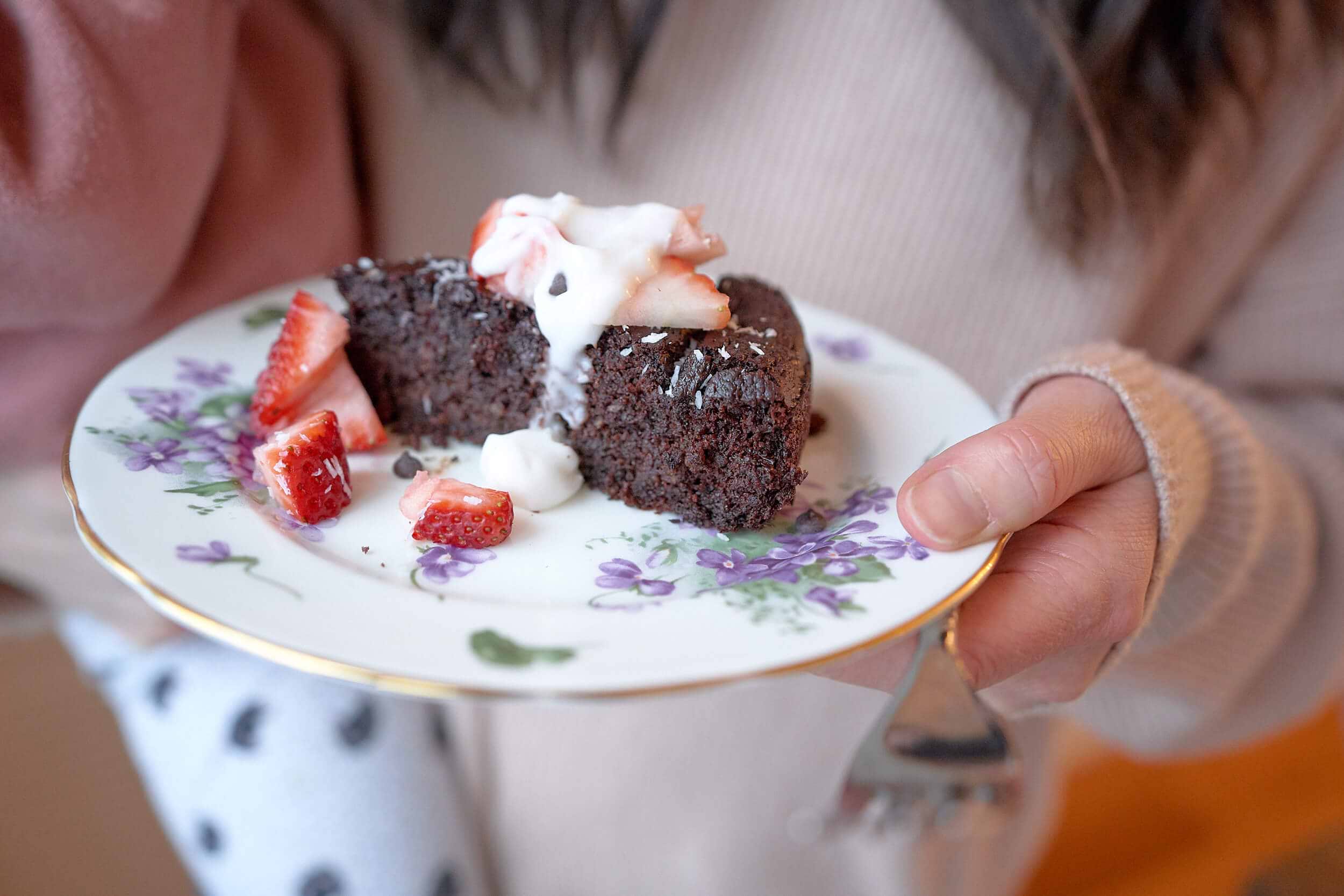 flourless chocolate cake with strawberries and coconut cream