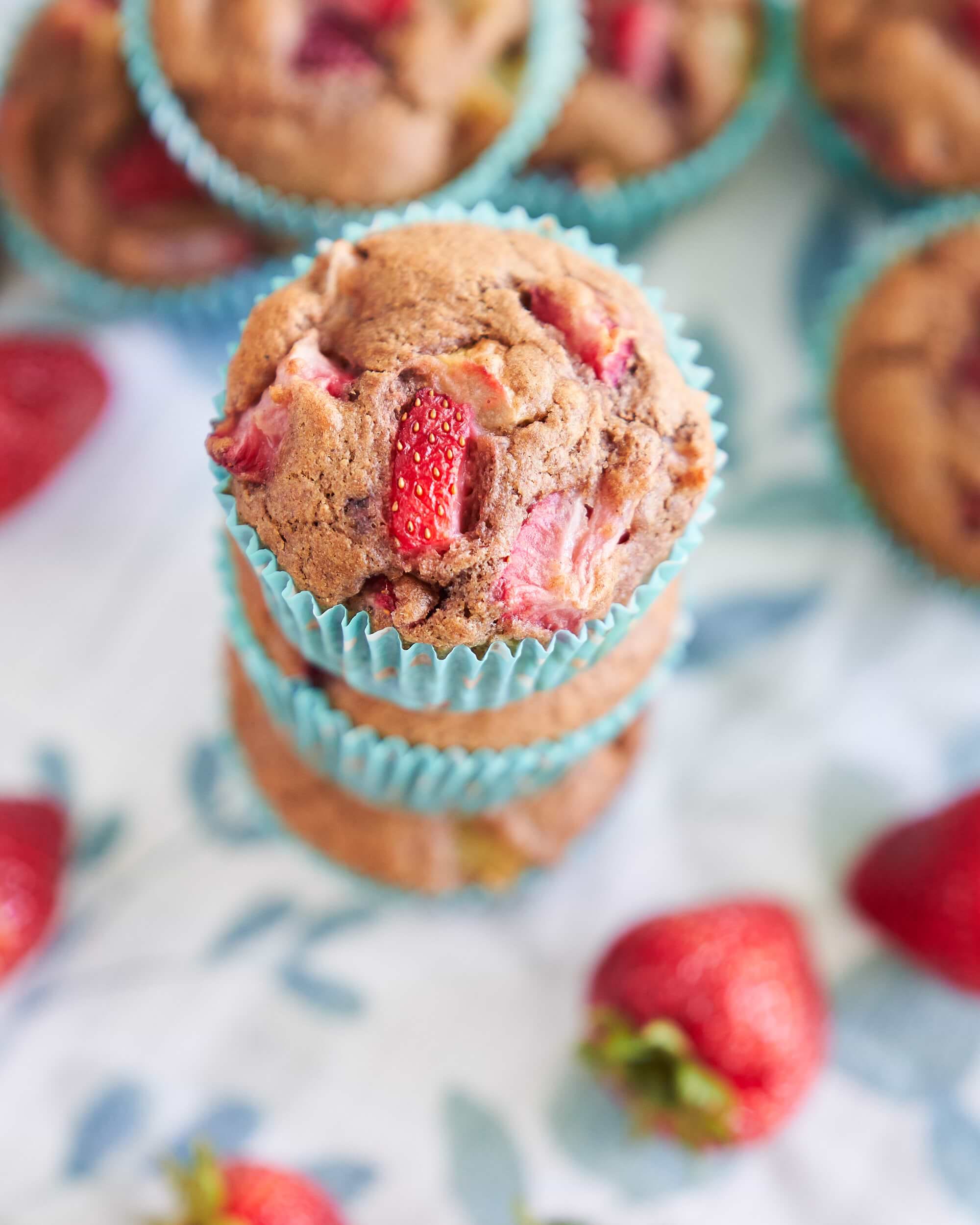 Top of a Strawberry Rhubarb Muffin.