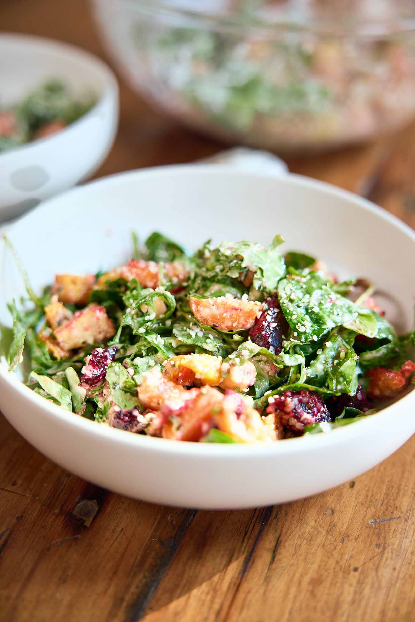 roasted veggie salad bowl with arugula