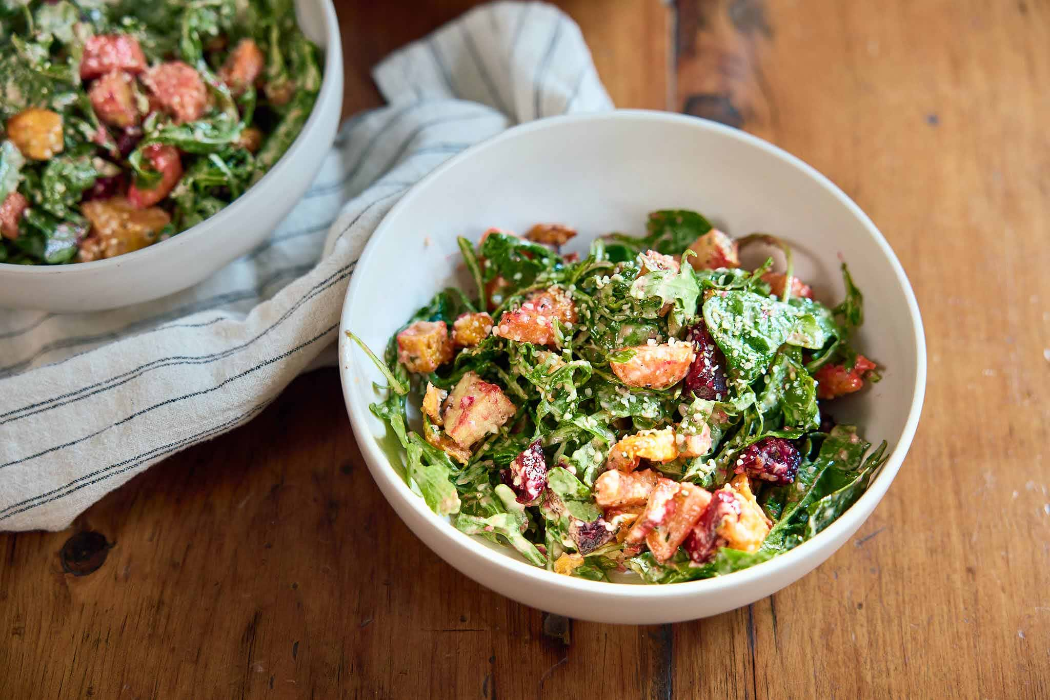 roasted veggie salad bowl with arugula