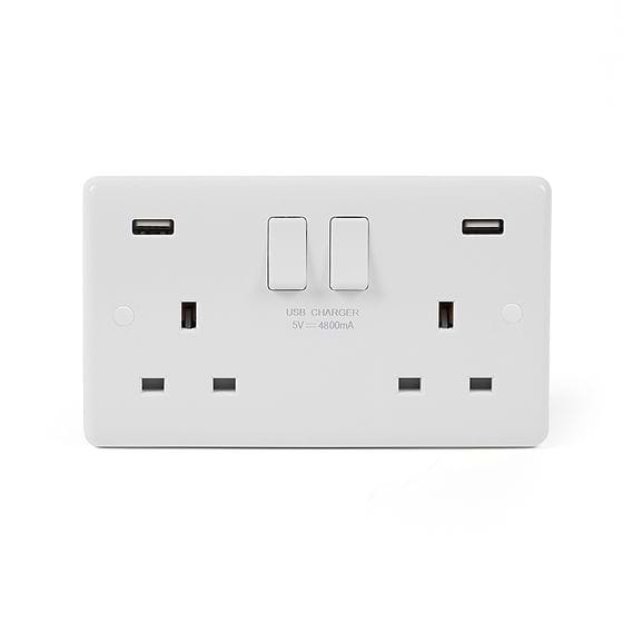 Lieber Silk White 13A 2 Gang DP Fast Charge 4.8amp Double Socket with USB - Curved Edge