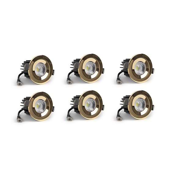 6 Pack - Polished Brass CCT Fire Rated LED Dimmable 10W IP65 Downlight