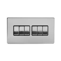 Brushed Chrome 6 Gang 2 Way Switch with Black Insert