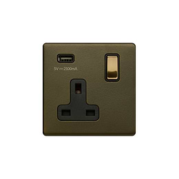 Soho Fusion Bronze & Brushed Brass 13A 1 Gang DP USB-A Socket (USB 2.1amp) Black Inserts Screwless