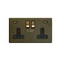 Soho Lighting Bronze 13A 2 Gang DP USB Socket (USB 4.8amp) Black Inserts Screwless