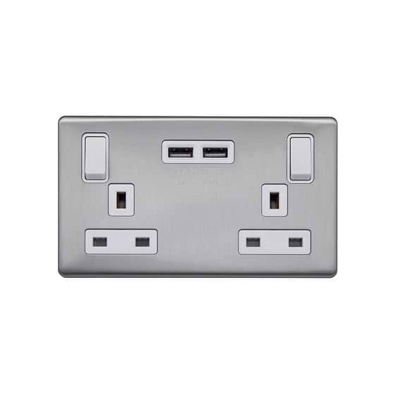 Lieber Brushed Chrome 13A 2 Gang USB-A Socket (3.1A) Double Pole - White Insert