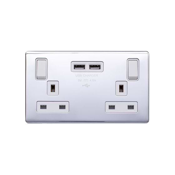 Lieber Polished Chrome 13A 2 Gang USB-A Socket (3.1A) Double Pole - White Insert
