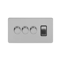Soho Lighting Brushed Chrome Flat Plate 4 Gang Switch with 3 Dimmers (3x150W LED Dimmer 1x20A Switch)