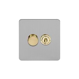 Soho Fusion Brushed Chrome & Brushed Brass 2 Gang Dimmer and Toggle Switch Combo (1x150W LED Dimmer 1x20A 2 Way Toggle) 