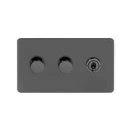 Soho Lighting Black Nickel Flat Plate 3 Gang Switch with 2 Dimmers (2x150W LED Dimmer 1x20A 2 Way Toggle)