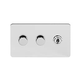 Soho Lighting Polished Chrome Flat Plate 3 Gang Switch with 2 Dimmers (2x150W LED Dimmer 1x20A 2 Way Toggle)