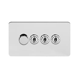 Soho Lighting Polished Chrome Flat Plate 4 Gang Switch with 1 Dimmer (1x150W LED Dimmer 3x20A 2 Way Toggle)
