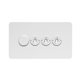 Soho Lighting White Metal Flat Plate 4 Gang Switch with 1 Dimmer (1x150W LED Dimmer 3x20A 2 Way Toggle)