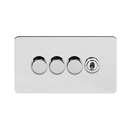 Soho Lighting Polished Chrome Flat Plate 4 Gang Switch with 3 Dimmers (3x150W LED Dimmer 1x20A 2 Way Toggle)