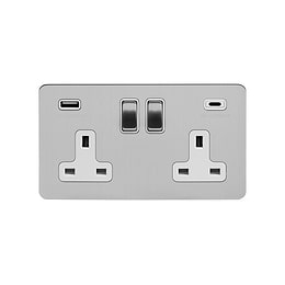 Soho Lighting Brushed Chrome Flat Plate 2 Gang USB A+C Socket (13A Socket + 2 USB Ports A+C 3.1A) White Inserts
