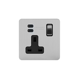 Soho Lighting Brushed Chrome Flat Plate 1 Gang USB C+C Socket (13A Socket + 2 USB C 3.1A Ports) with Black Insert