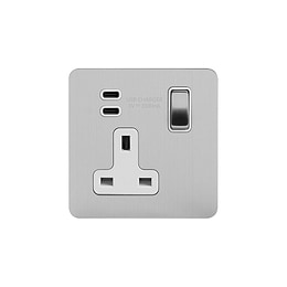 Soho Lighting Brushed Chrome Flat Plate 1 Gang USB C+C Socket (13A Socket + 2 USB C 3.1A Ports) with White Insert