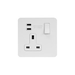 Soho Lighting White Metal Flat Plate 1 Gang USB C+C Socket (13A Socket + 2 USB C 3.1A Ports) with White Insert