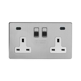 Soho Lighting Brushed Chrome Flat Plate 2 Gang USB C+C Socket (13A Socket + 2 USB C 3.1A Ports) with White Insert