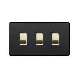 Soho Fusion Matt Black & Brushed Brass 3 Gang Switch Double Plate 2 Way Screwless