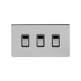 Soho Lighting Polished Chrome 3 Gang Switch Double Plate Blk Ins Screwless