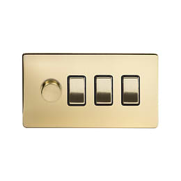 Soho Lighting Brushed Brass 4 Gang Switch with 1 Dimmer (1x150W LED Dimmer 3x20A Switch)
