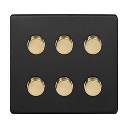 Soho Fusion Matt Black & Brushed Brass 6 Gang Intelligent Trailing Dimmer Switch Screwless LED 150W LED (300w Halogen/Incandescent)