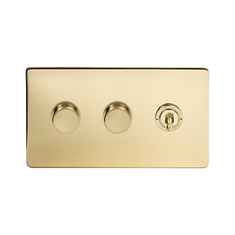 Soho Lighting Brushed Brass 3 Gang Switch with 2 Dimmers (2x150W LED Dimmer 1x20A 2 Way Toggle)
