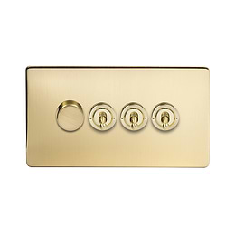 Soho Lighting Brushed Brass 4 Gang Switch with 1 Dimmer (1x150W LED Dimmer 3x20A 2 Way Toggle)