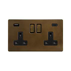 Soho Lighting Vintage Brass 2 Gang USB A+C Socket (13A Socket + 2 USB Ports A+C 3.1A)