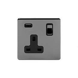 Soho Lighting Black Nickel 13A 1 Gang DP USB Switched Socket (USB Output 2.1amp) Blk Ins Screwless