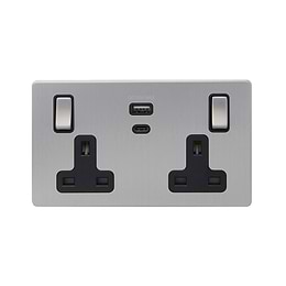 Soho Lighting Brushed Chrome with Black Insert 13A 2 Gang Super Fast Charge 45W USB A+C Socket