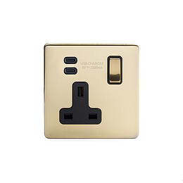 Soho Lighting Brushed Brass 1 Gang USB C+C Socket (13A Socket + 2 USB C 3.1A Ports) with Black Insert