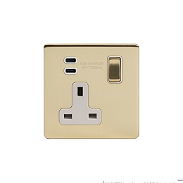 Soho Lighting Brushed Brass 1 Gang USB C+C Socket (13A Socket + 2 USB C 3.1A Ports) with White Insert
